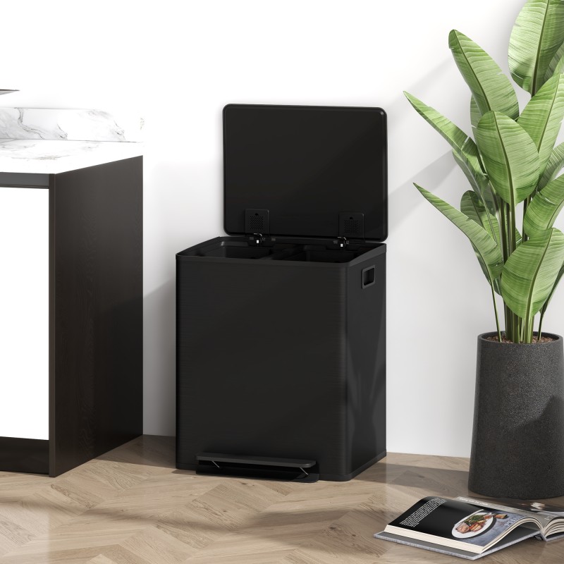 Kaksiosainen keittiön jäteastia 2x25 L, soft-close kansi, ruostumaton teräs, mattamusta