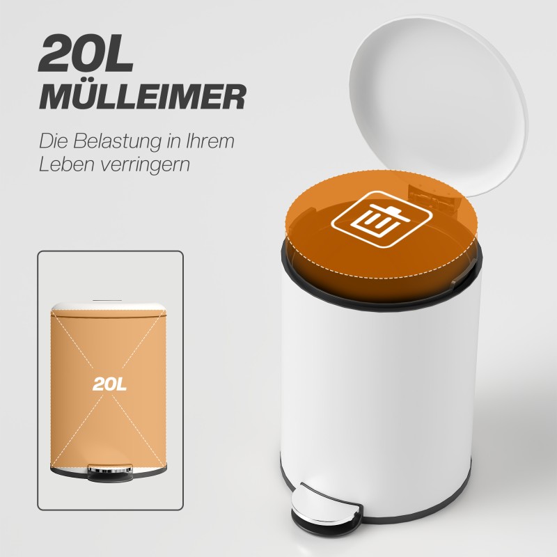 Roska-astia poljinmekanismilla 20 l, metallia, irrotettava sisäastia, hiljainen kansi, cremevalkoinen