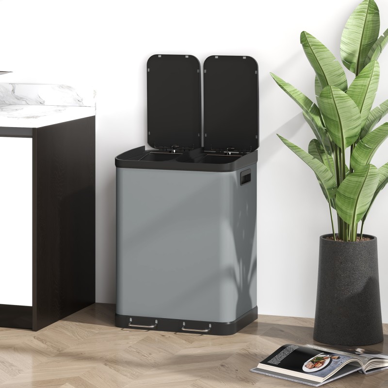 Kaksiosainen keittiöroskakaappi 2 x 30 l, poljin, irrotettavat sisäastiat, harmaa