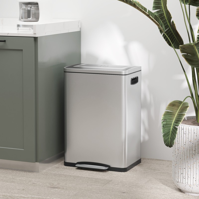 Jäteastia keittiöön, ruostumaton teräs, poljin, 2 x 20 l, hopea