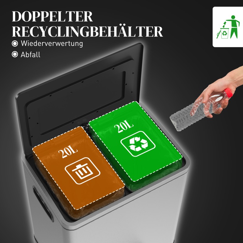 Jäteastia keittiöön, ruostumaton teräs, poljin, 2 x 20 l, hopea