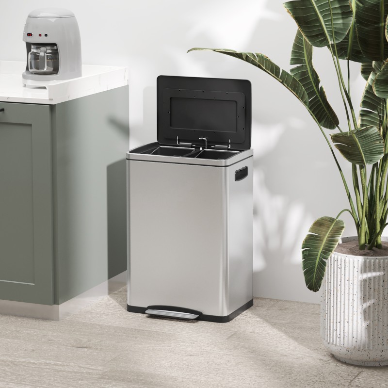 Jäteastia keittiöön, ruostumaton teräs, poljin, 2 x 20 l, hopea