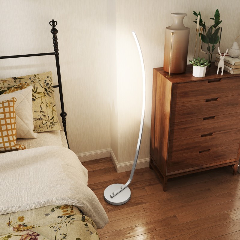 LED-lattiavalaisin himmennettävä jalalla, moderni kaareva valaisin 147 cm, hopea