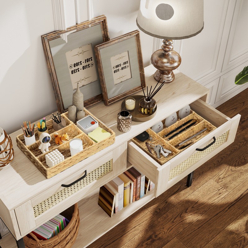 Säilytyskori lokeroilla 2 kpl, vesihyasintti ja metalli, 36 x 26 x 5 cm, luonnonpuun sävy