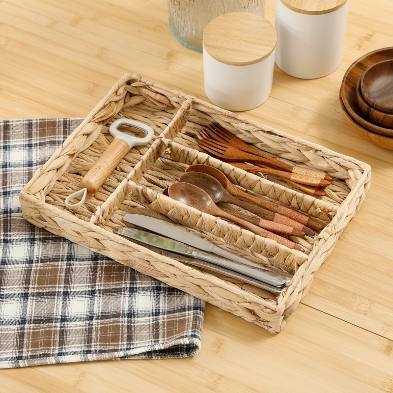 Säilytyskori lokeroilla 2 kpl, vesihyasintti ja metalli, 36 x 26 x 5 cm, luonnonpuun sävy