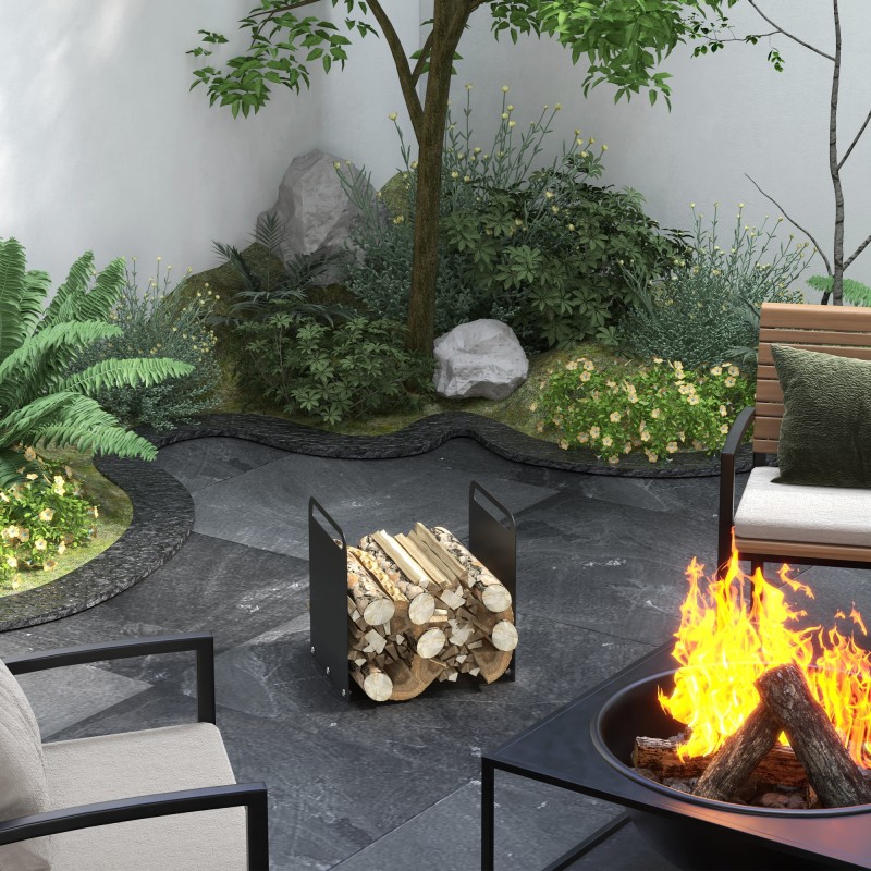 Polttopuuteline takalle, teräs, kantokahvoilla, 36,5 x 30 x 36 cm, 30 kg, musta