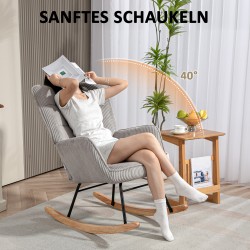 Keinutuoli lepotuoli olohuoneeseen, teräsrunko ja pyökkijalat, paksu pehmustus, corduroy, vaaleanharmaa