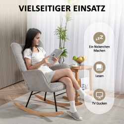 Keinutuoli lepotuoli olohuoneeseen, teräsrunko ja pyökkijalat, paksu pehmustus, corduroy, vaaleanharmaa