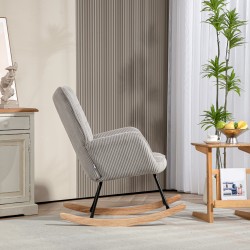 Keinutuoli lepotuoli olohuoneeseen, teräsrunko ja pyökkijalat, paksu pehmustus, corduroy, vaaleanharmaa