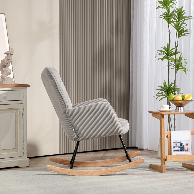 Keinutuoli lepotuoli olohuoneeseen, teräsrunko ja pyökkijalat, paksu pehmustus, corduroy, vaaleanharmaa
