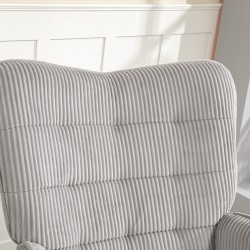 Keinutuoli lepotuoli olohuoneeseen, teräsrunko ja pyökkijalat, paksu pehmustus, corduroy, vaaleanharmaa