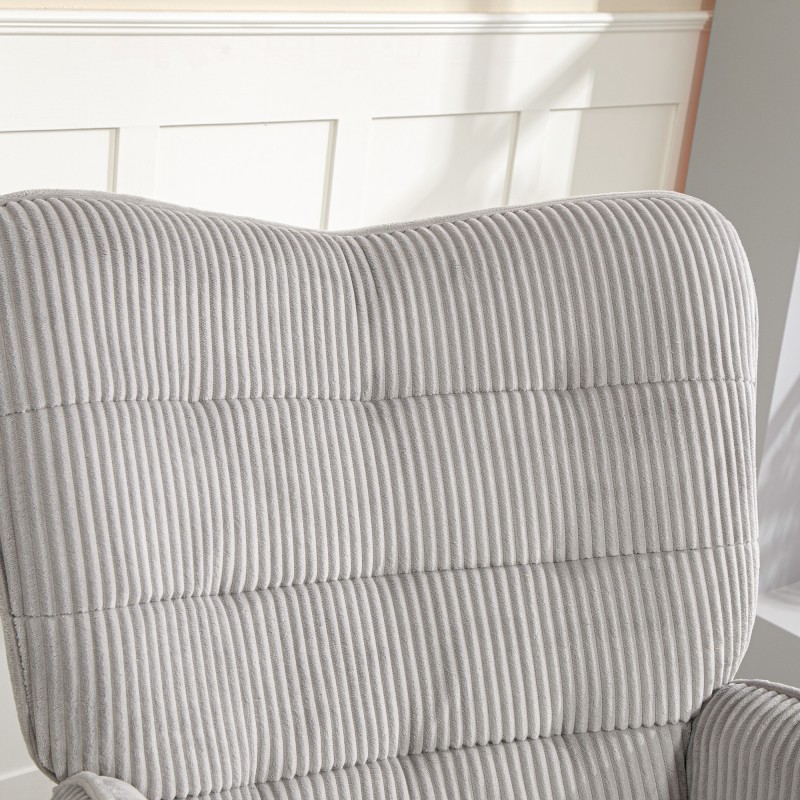 Keinutuoli lepotuoli olohuoneeseen, teräsrunko ja pyökkijalat, paksu pehmustus, corduroy, vaaleanharmaa