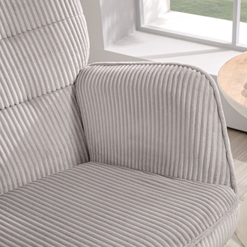 Keinutuoli lepotuoli olohuoneeseen, teräsrunko ja pyökkijalat, paksu pehmustus, corduroy, vaaleanharmaa