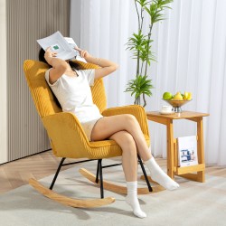 Keinutuoli olohuoneeseen, cord-kangas, pyökki ja teräs, 98 x 71 x 101 cm, keltainen