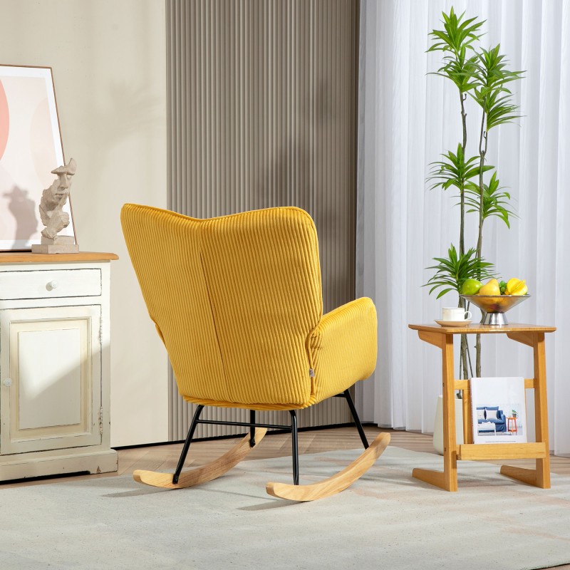 Keinutuoli olohuoneeseen, cord-kangas, pyökki ja teräs, 98 x 71 x 101 cm, keltainen