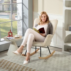 Keinutuoli vintage-tyyliin, paksu pehmuste, kordiverhoilu, pyökkijalakset ja teräsrunko, beige