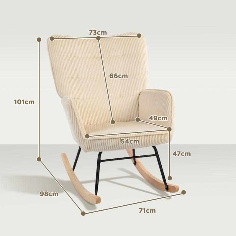 Keinutuoli vintage-tyyliin, paksu pehmuste, kordiverhoilu, pyökkijalakset ja teräsrunko, beige