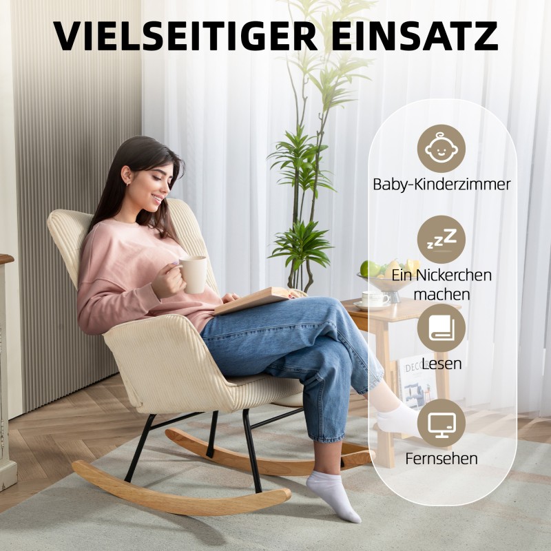 Keinutuoli vintage-tyyliin, paksu pehmuste, kordiverhoilu, pyökkijalakset ja teräsrunko, beige