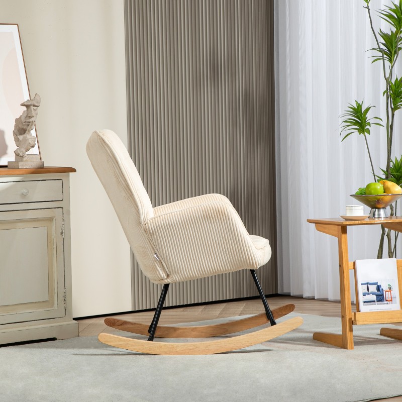 Keinutuoli vintage-tyyliin, paksu pehmuste, kordiverhoilu, pyökkijalakset ja teräsrunko, beige