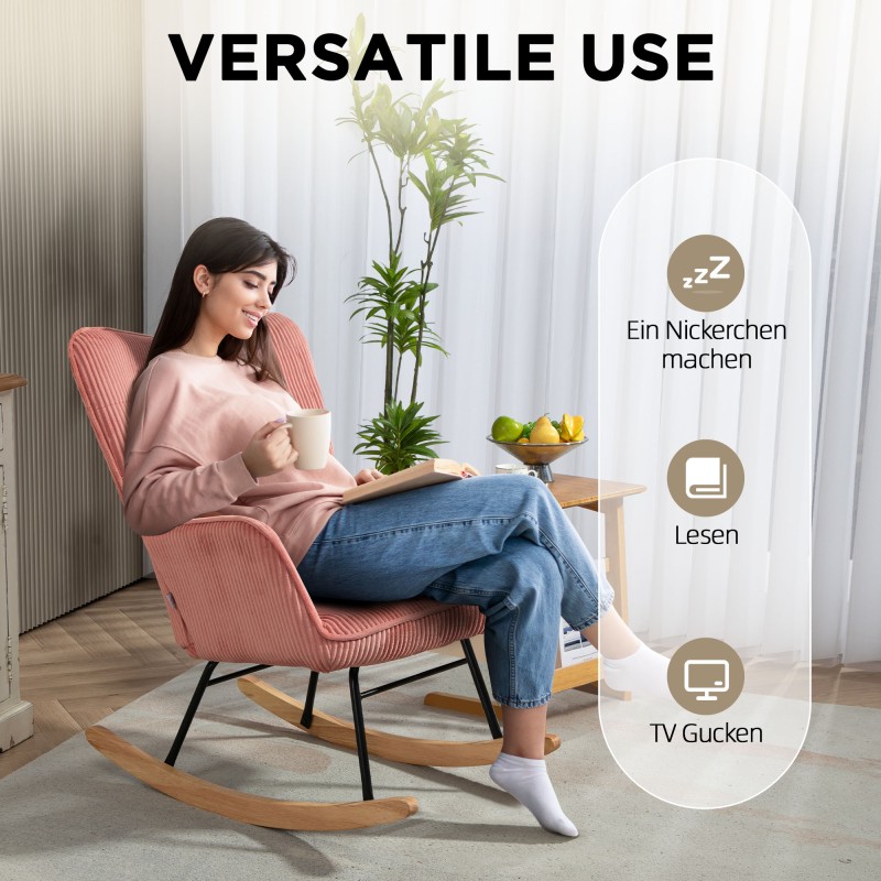 Keinutuoli / lepotuoli, kordipäällyste, teräsrunko ja pyökkijalat, 98 x 71 x 101 cm, vaaleanpunainen