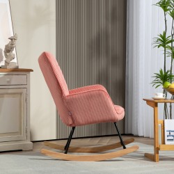 Keinutuoli / lepotuoli, kordipäällyste, teräsrunko ja pyökkijalat, 98 x 71 x 101 cm, vaaleanpunainen