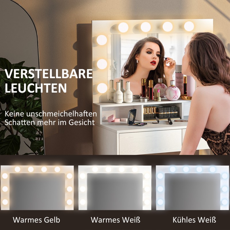 Meikkauspöytä valaistulla peilillä, 10 lampun Hollywood-valaistus, laatikot ja hyllyt, valkoinen