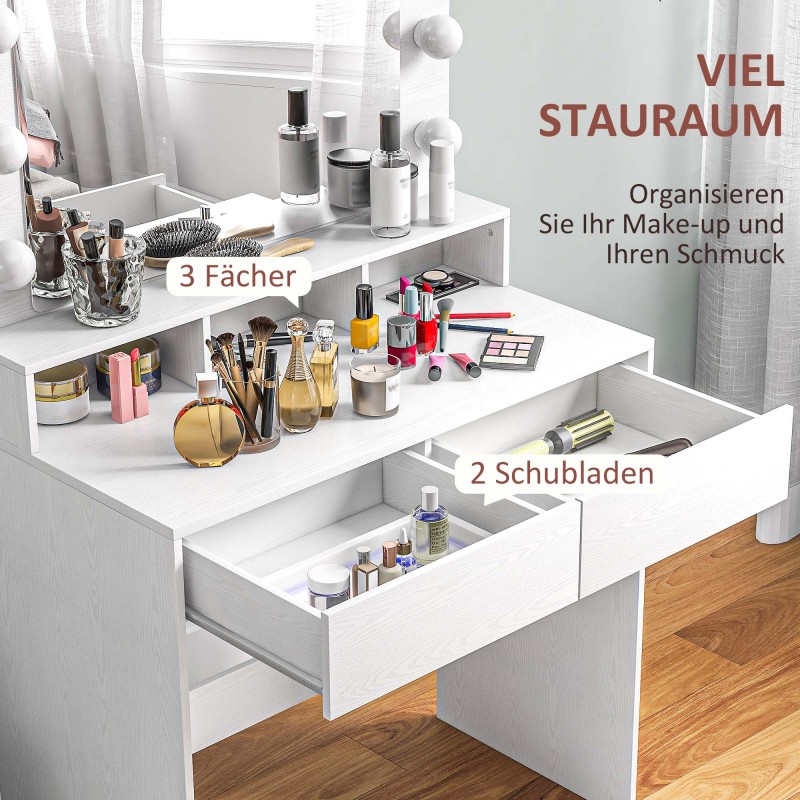 Meikkauspöytä valaistulla peilillä, 10 lampun Hollywood-valaistus, laatikot ja hyllyt, valkoinen