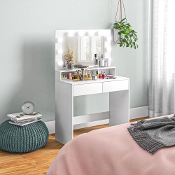 Meikkauspöytä valaistulla peilillä, 10 lampun Hollywood-valaistus, laatikot ja hyllyt, valkoinen