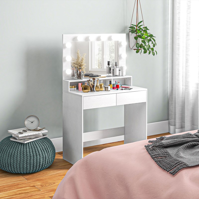 Meikkauspöytä valaistulla peilillä, 10 lampun Hollywood-valaistus, laatikot ja hyllyt, valkoinen