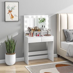 Meikkauspöytä valaistulla peilillä, 10 lampun Hollywood-valaistus, laatikot ja hyllyt, valkoinen