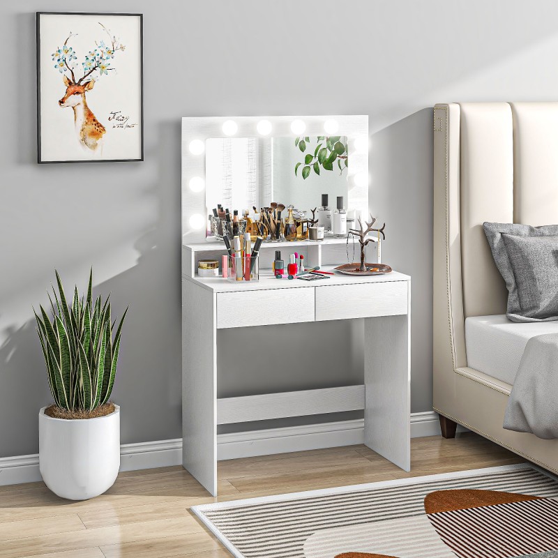 Meikkauspöytä valaistulla peilillä, 10 lampun Hollywood-valaistus, laatikot ja hyllyt, valkoinen