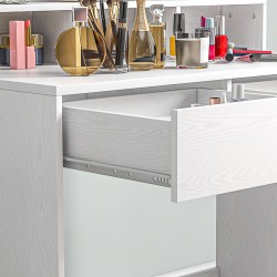 Meikkauspöytä valaistulla peilillä, 10 lampun Hollywood-valaistus, laatikot ja hyllyt, valkoinen