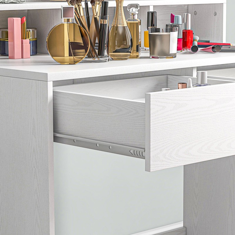 Meikkauspöytä valaistulla peilillä, 10 lampun Hollywood-valaistus, laatikot ja hyllyt, valkoinen