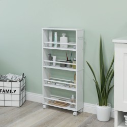 Kapea hyllykkö pyörillä, 4 hyllytasoa, lastulevy, 45 x 15 x 91 cm, valkoinen