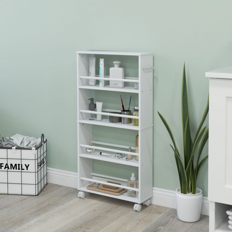 Kapea hyllykkö pyörillä, 4 hyllytasoa, lastulevy, 45 x 15 x 91 cm, valkoinen