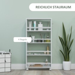 Kapea hyllykkö pyörillä, 4 hyllytasoa, lastulevy, 45 x 15 x 91 cm, valkoinen