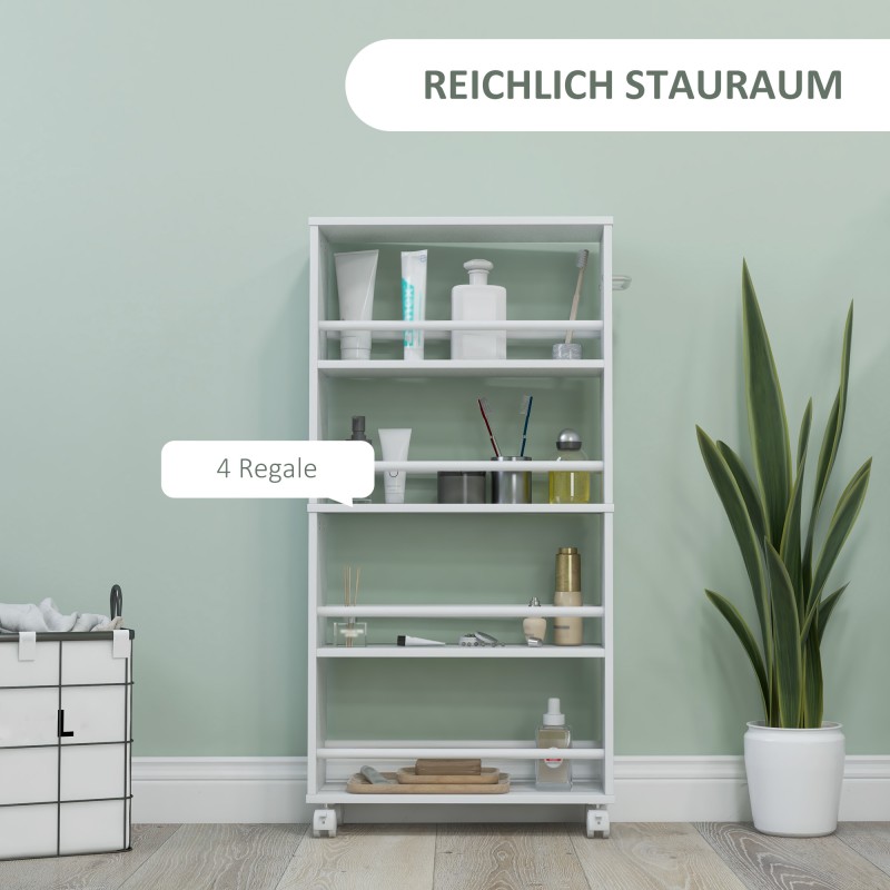 Kapea hyllykkö pyörillä, 4 hyllytasoa, lastulevy, 45 x 15 x 91 cm, valkoinen