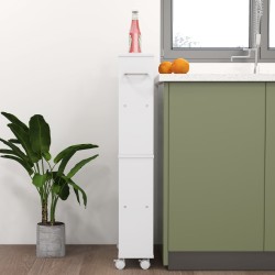 Kapea hyllykkö pyörillä, 4 hyllytasoa, lastulevy, 45 x 15 x 91 cm, valkoinen