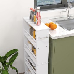 Kapea hyllykkö pyörillä, 4 hyllytasoa, lastulevy, 45 x 15 x 91 cm, valkoinen