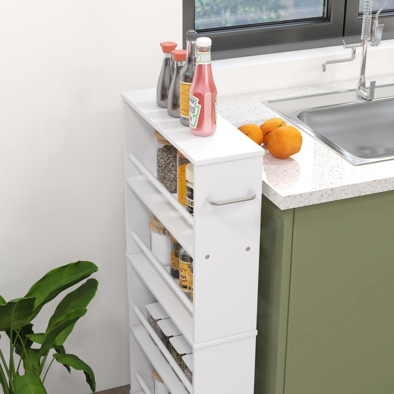 Kapea hyllykkö pyörillä, 4 hyllytasoa, lastulevy, 45 x 15 x 91 cm, valkoinen