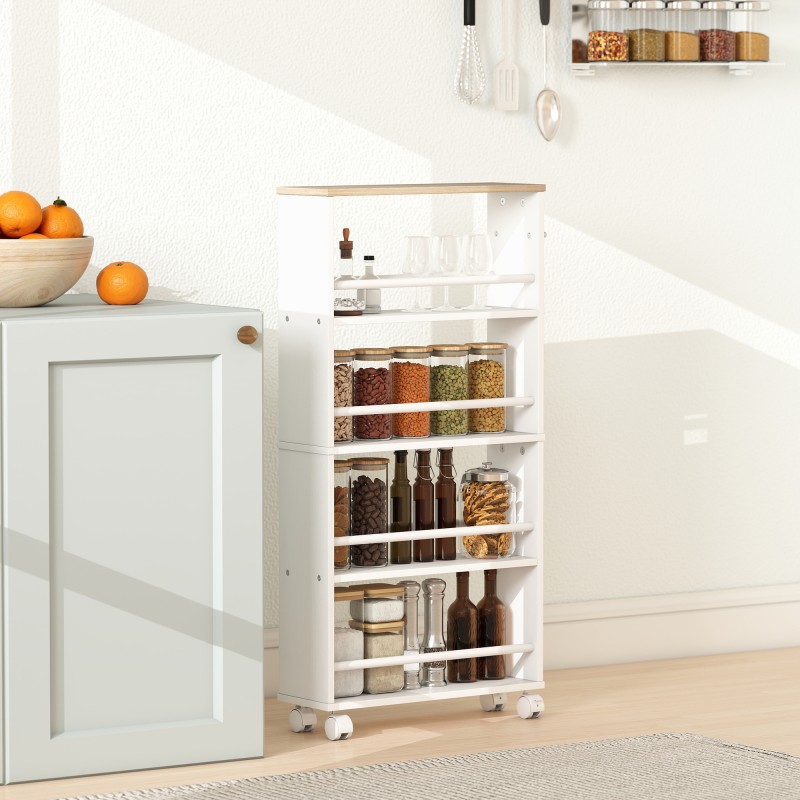 Kapea siirrettävä säilytyshylly pyörillä, lastulevy, 4 hyllyä, 45x15x91 cm, luonnonvärinen