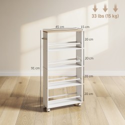 Kapea siirrettävä säilytyshylly pyörillä, lastulevy, 4 hyllyä, 45x15x91 cm, luonnonvärinen