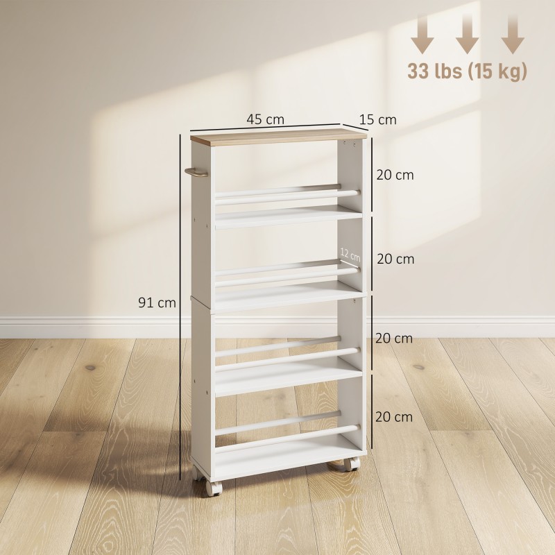 Kapea siirrettävä säilytyshylly pyörillä, lastulevy, 4 hyllyä, 45x15x91 cm, luonnonvärinen