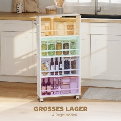 Kapea siirrettävä säilytyshylly pyörillä, lastulevy, 4 hyllyä, 45x15x91 cm, luonnonvärinen