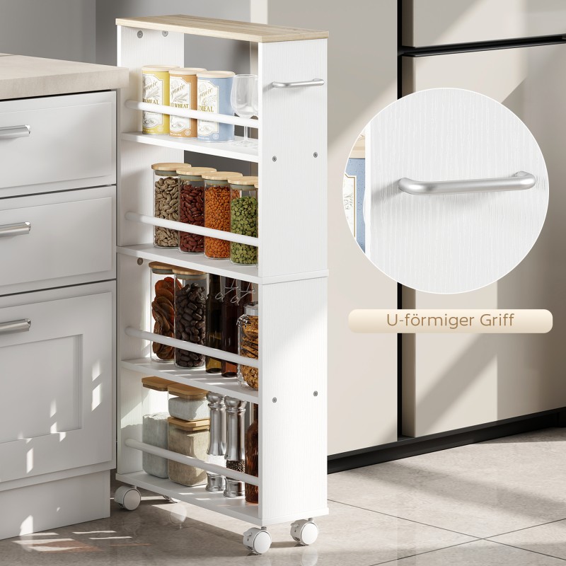 Kapea siirrettävä säilytyshylly pyörillä, lastulevy, 4 hyllyä, 45x15x91 cm, luonnonvärinen