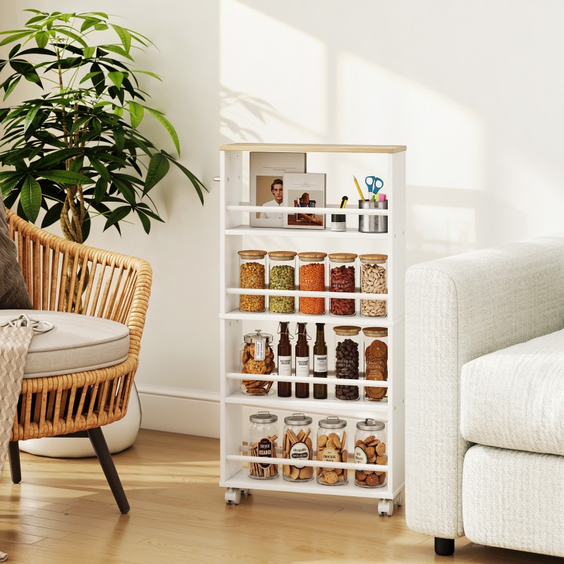 Kapea siirrettävä säilytyshylly pyörillä, lastulevy, 4 hyllyä, 45x15x91 cm, luonnonvärinen