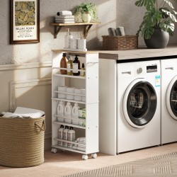 Kapea siirrettävä säilytyshylly pyörillä, lastulevy, 4 hyllyä, 45x15x91 cm, luonnonvärinen