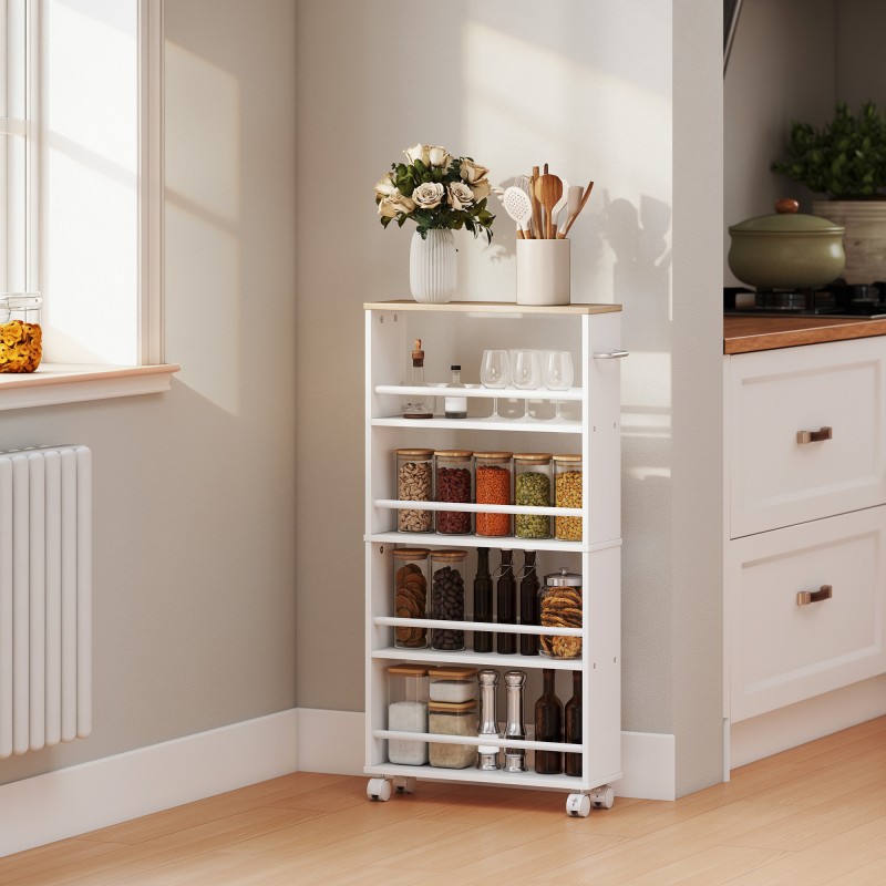 Kapea siirrettävä säilytyshylly pyörillä, lastulevy, 4 hyllyä, 45x15x91 cm, luonnonvärinen