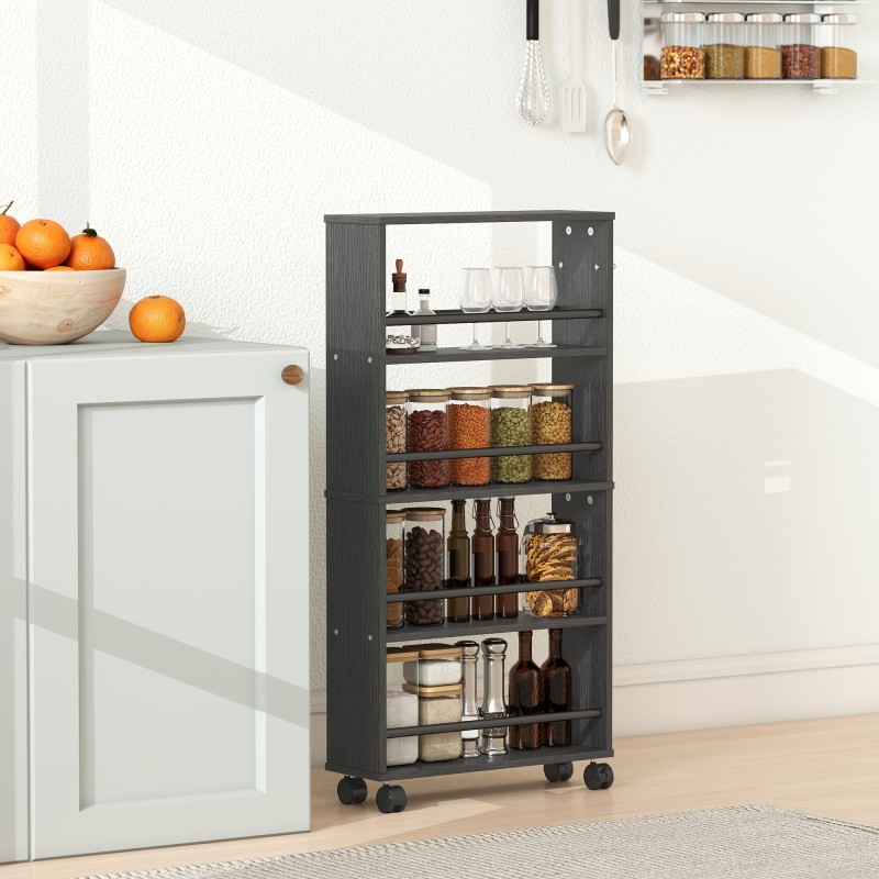 Kapea rullattava säilytyshylly 4 tasoa lastulevy 45x15x91 cm musta