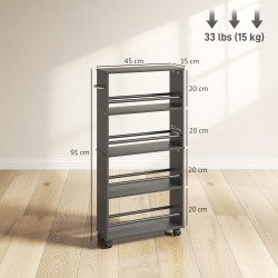 Kapea rullattava säilytyshylly 4 tasoa lastulevy 45x15x91 cm musta